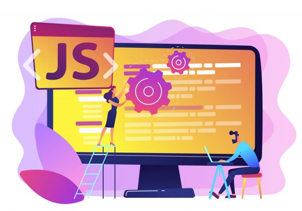 JavaScript concept vector illustration. Programmers using JavaScript programming language on computer, tiny people. JavaScript language, JavaScript engine, JS web development concept. Bright vibrant violet vector isolated illustration